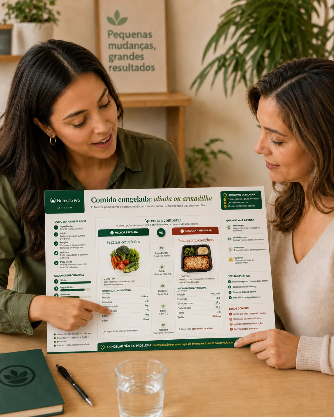 Nutricionista usando uma lâmina visual para facilitar a compreensão da paciente.