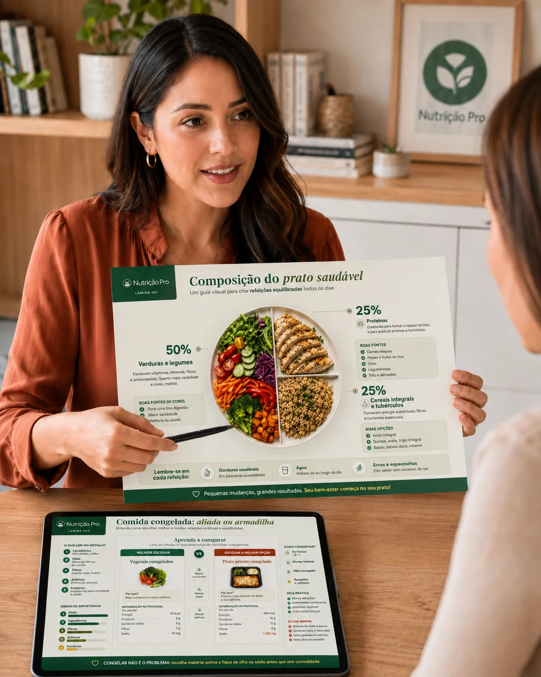 Nutricionista usando o Atlas Visual de Nutrição Pro durante um atendimento.